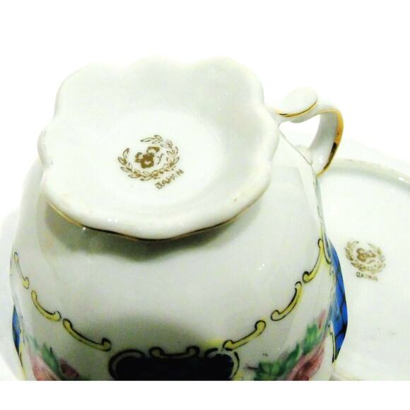 VTG Nippon Yoko Boeki TEA CUP & SAUCER SET Blue Fishnet Panel Pink Flower Japan - Picture 3 of 4